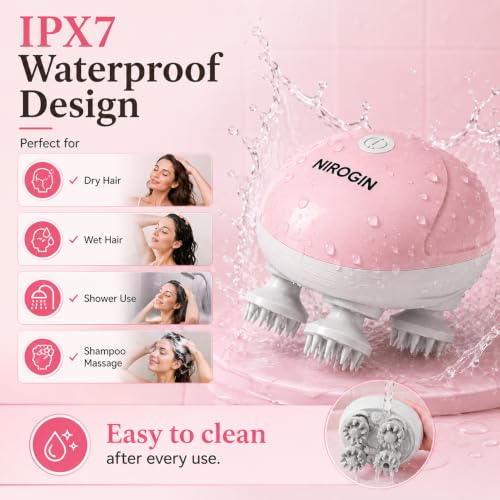 Image of Electric Scalp Massager - Handheld Head Massager with 4 Rotating Massage Nodes, Waterproof Relaxation Device for Hair Growth, Stress Relief & Deep Scalp Massage - Rechargeable, Portable (Pink)