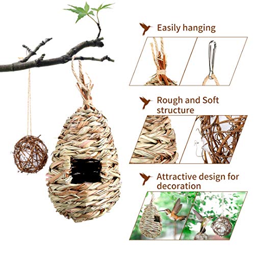 Onchsh Hanging Hummingbird House Set Of 4, Hand Woven Bird Nest Round Hummingbird Nesting House With Refillable Cotton Garden Outside Clearance(2 Shapes) #TOP2