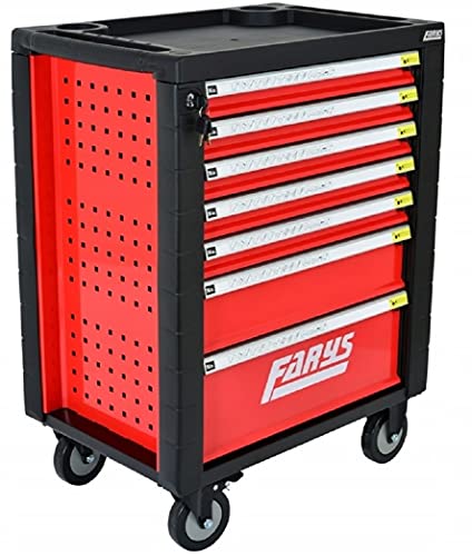 Werkstattwagen 7 Fächer | zentral abschließbar | Antirutschmatten | kugelgelagerte Schubladen | 1 Rolle mit Feststellbremse (rot schwarz)