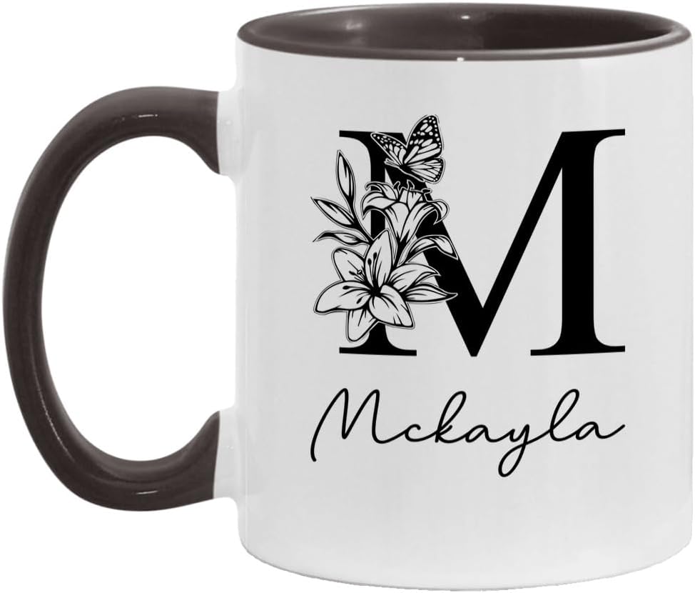 Mckayla Personalized Name Mug, Custom Monogram Initial M Coffee Mug For Women, Floral Alphabet Letter White/Black 11oz Ceramic Tea Cup