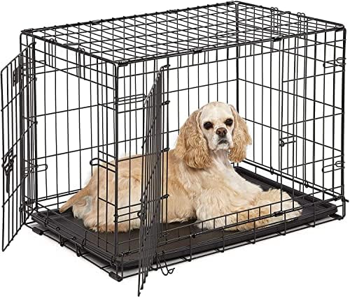 BUNNY BUSINESS UNDERDOG Metal Dog Crate / Cage  Pet Black Metal Folding Cage with 2 Doors Sliding Chew Resistant Plastic Base Tray Heavy Duty Puppy Training Solution (24" Small, Dog Crate)