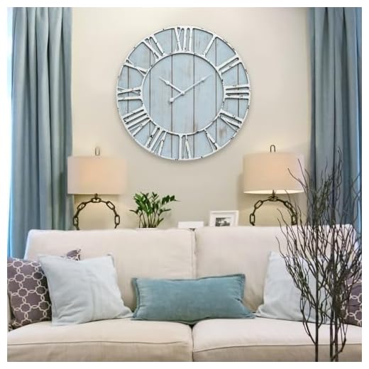 Large Farmhouse Wall Clock 24 Inch Vintage Blue Wooden Wall Clock with Quiet Ticking and Minimalist Roman Numerals for Bedroom Living Room Office Kitchen Home Decor, Battery Operated