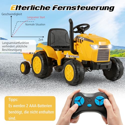 COSTWAY 12V Traktor mit Abnehmbarem Anhänger, Kindertraktor Elektrisch mit 2,4G Fernbedienung & Lichtern & Hupe & USB & MP3, Elektro Traktor für Kinder ab 3 Jahren (Gelb) – Bild 5
