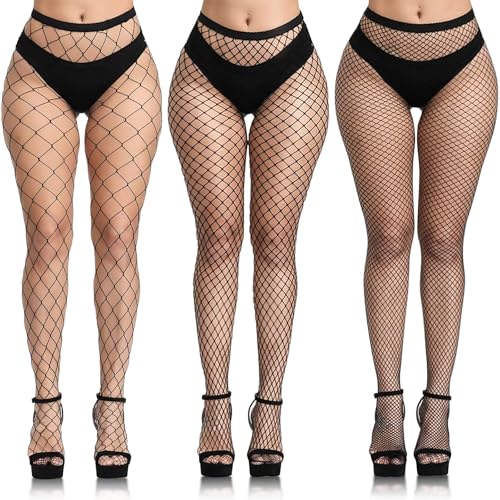 Buauty 3 pcs black fishnet stockings for women, fishnet tights plus size one size fit all