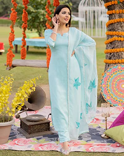 Image of GoSriKi Women's Cotton Blend Straight Solid Kurta with Pant & Dupatta (Resoti New-GS)