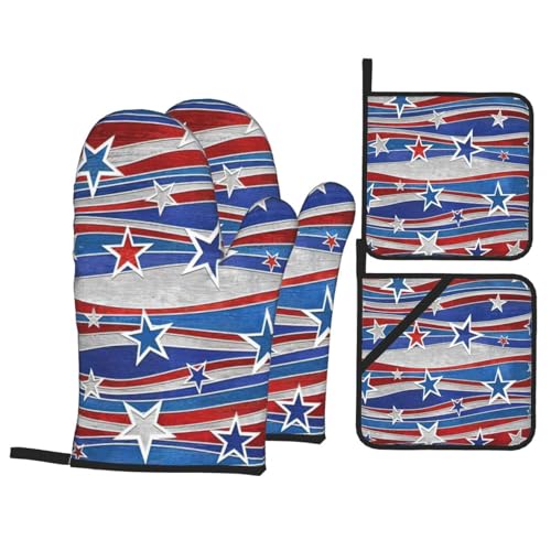 BBEXJIGY Juego de 4 manoplas de horno y soportes para ollas con diseño patriótico de tiras de estrellas del Día de la Independencia con superficie de silicona antideslizante para cocinar