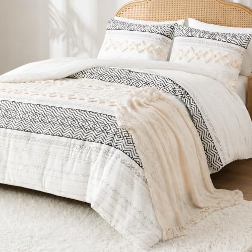 Image of Hyde Lane Boho King Size Comforter Set - 3-Piece Shabby Chic Bedding Sets, Farmhouse Bed Comforter with 2 Pillow Shams, All Season Cotton Top, Ivory Tufted Pom Pom