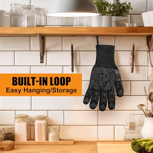 Image of BBQ Gloves, Oven Gloves, 1472F Extreme Heat Resistant Barbecue Gloves, Silicone Non-Slip Oven Mitts, Kitchen for Cooking, Grilling, and Baking (Black)