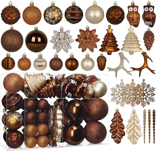 Roberly 95 Pcs Brown Christmas Ornaments Set, Woodland Christmas Tree Decorations Bronze Copper & Gold Plastic Shatterproof Hanging Balls for Xmas Tree Farmhouse Xmas Holiday Forest Theme Party Decor