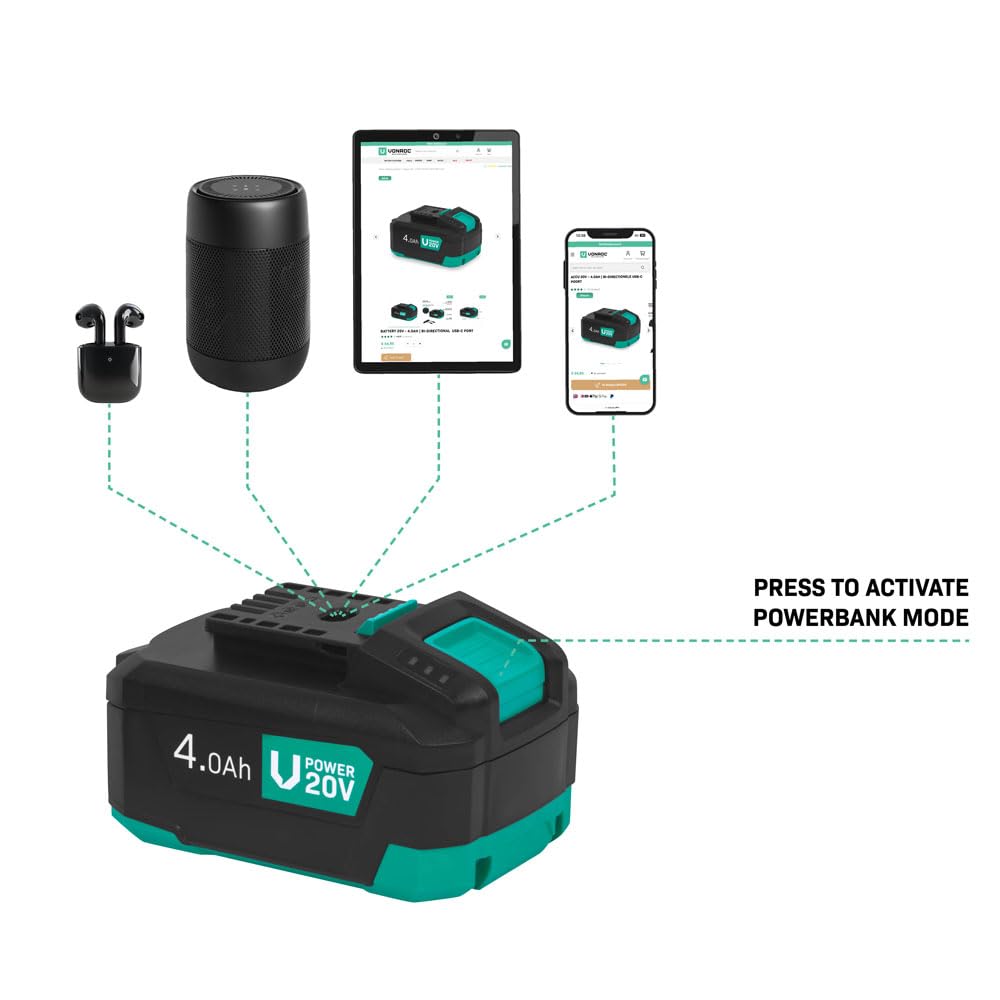 VONROC VPower 20V Kit de arranque - Batería de iones de litio de 4,0 Ah + cargador doble rápido | Compatible con múltiples herramientas | Ideal para bricolaje intensivo y proyectos de larga duración