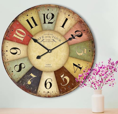 Eruner 24 Inch Vintage Wall Clocks French Style Retro Wall Clock Large Farmhouse Clocks Retro Colorful Wall Clock Decorative Battery Operated Silent Scan Non-Ticking for Home Living Room Bedroom