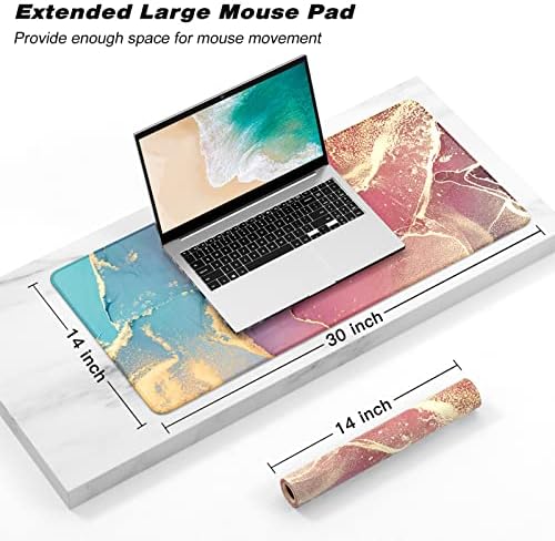 Atufsuat Extended Gaming Mouse Pad, XXL Large Desk Pad 30 x 14 Inch, Big Computer Keyboard Mousepad, Waterproof Mouse Mat with Stitched Edges and Non-Slip Base for Office Gaming, Colorful Marble