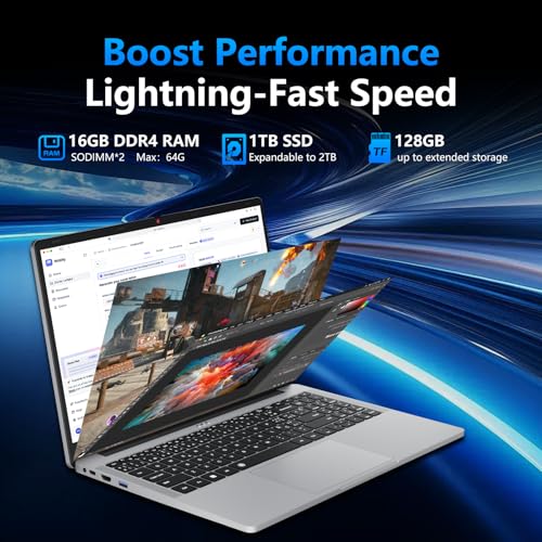 Image of 2026 Laptop, 15.6 inch Laptop Computer, 16GB RAM 1TB SSD, AMD R5 6-Core CPU, AMD Radeon Lap top PC, Laptops with Backlit KB, 1080P FHD, 180 Open, 55.2Wh, Type-C, HDMI, Win 11 Pro, Light Gaming Laptop