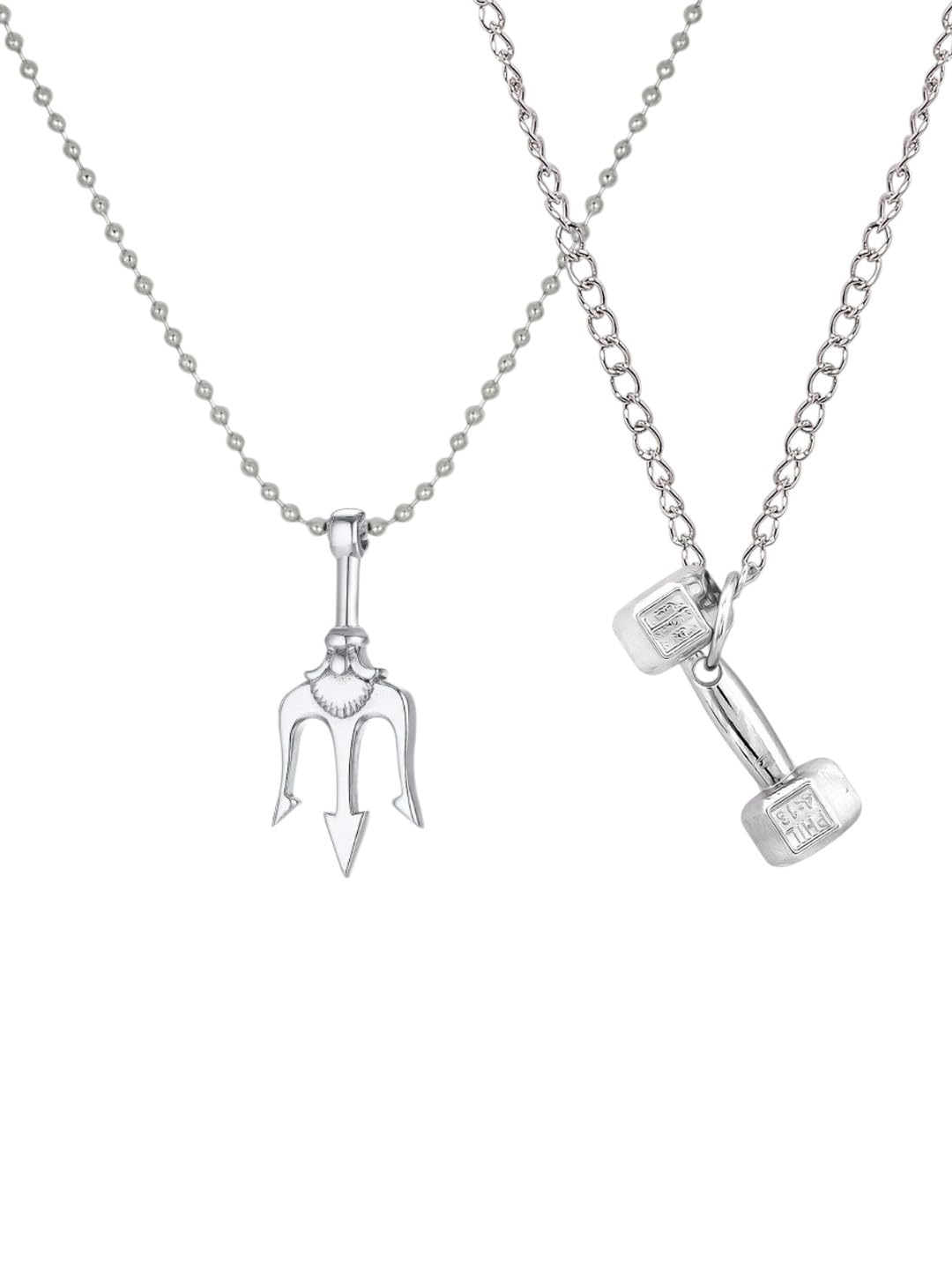 oomph Jewellery Combo of 2 Silver Fashion Pendant For Men - Go Fit Dumbbell & Lord Shiva Trishul Trident Design-picture-27