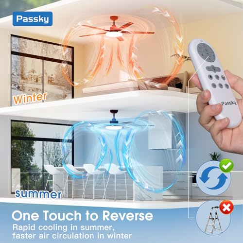 Image of Passky 60 Inch Brown Sleek Ceiling Fans with Lights, Remote Control | 3-color dimmable light, quiet reversible DC motor, easy install, memory, Timer, APP, bedroom, covered outdoor areas