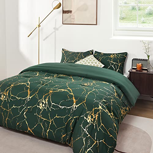 Smoofy Gold Emerald Green Comforter Queen Bed Set Marble Print Glitter Gold Bedding Set Luxury Dark Green Queen Comforter Set For Men Women Queen Size Bedding Set 3Pcs (1 Comforter, 2 Pillowcases) #TOP13