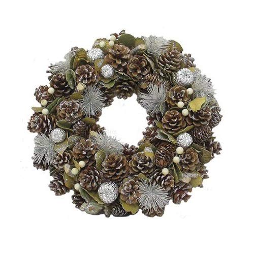 Muddy Hands 15" (38cm) Artificial Christmas Wreath Ring Xmas Wall Door Hanging Decoration (Silver Diamond Bauble & Cone)