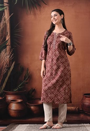 Image of Ichaa Women's Pure Cotton Embroidered Round-Neck Ethnic Kurta with 3 /4th Sleeve for Daily and Office Wear, in Plus Sizes