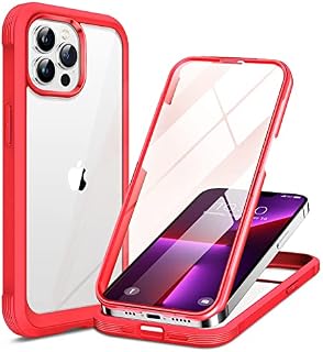 Miracase GLASS Case Compatible with iPhone 13 Pro Max Case 6.7 inch, [Glass Screen Protector] Full Body Rubber Bumper Case Cover (Red)