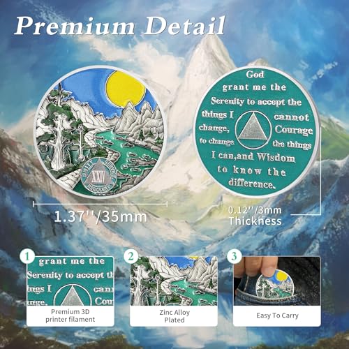 Image of Sunlight 24 Year Sobriety Coin - Recovery 24 Year AA Coins - Serenity Prayer NA AA Chips and Medallions - 1-65 Prime Living Clean Sober Token - Narcotics Alcoholics Anonymous Gifts for Men Women