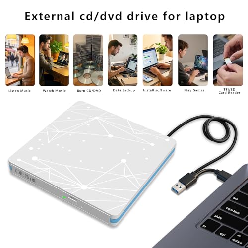 Image of External CD /DVD Drive for Laptop, USB CD Drive, USB C Plug and Play Optical Drive, Portable CD Burner, Compatible Windows 11 /10 /8 /7 XP Linux MacOS, w /Storage Bag & 4 disc Bags