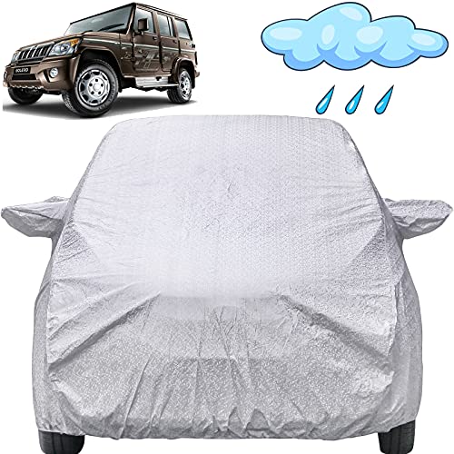 Image of Bolero Waterproof Car Cover with Mirror Pockets, Shinning Silver Design, Non Woven Fabric,Triple Stitched, Compatible with Mahindra Bolero Car Cover (2011 to 2021), Bolero Car Accessories