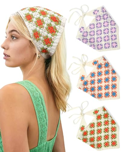 Molans Floral Bandanas Crochet Hair Scarf - 3Pcs Women Knitted Headscarf Daisy Headband Vintage Head Kerchief for Girls