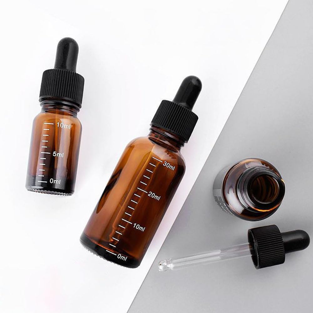 Leere bernsteinfarbene Glas-Tropfflaschen für ätherisches Öl, nachfüllbarer Ölbehälter mit Skalen-Reagenz für Augentropfenöle, Aromatherapie, Flüssigkeitspipetten, nachfüllbare Behälter (100 ml)