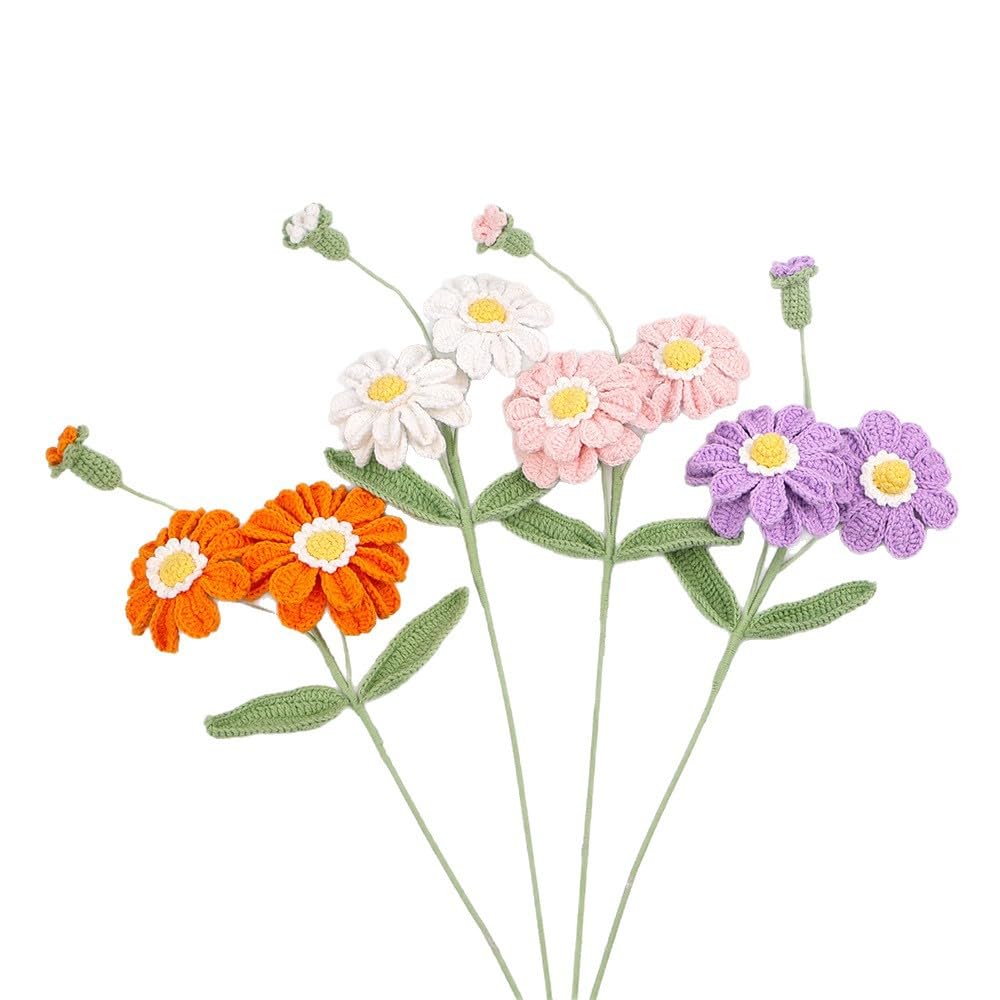 MAIKAILE 4Pcs Handmade Crochet Daisy Flower Stems for Home Wedding Decor