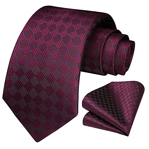 Hisdern Burgundy Blue Ties For Men Wedding Maroon Tie Pocket Square Set Wine Silk Plaid Polka Dot Neckties Handkerchief Formal Business Necktie #TOP1