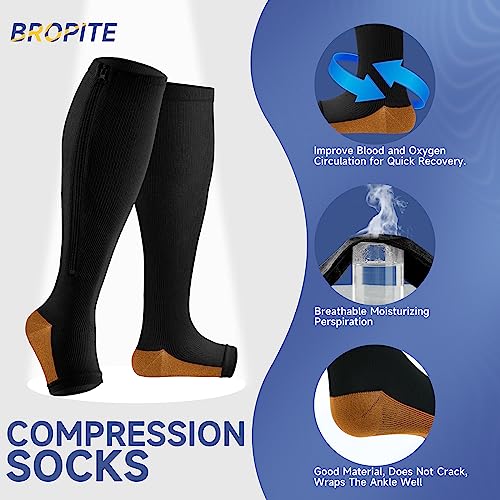 Image of bropite Zipper Compression Socks Women & Men - 2Pairs Calf Knee High 15-20mmHg Open Toe Compression Stocking suit for Walking