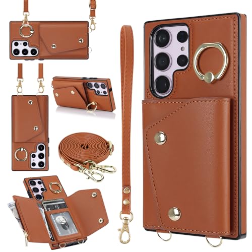 for Samsung Galaxy S24 Ultra Luxury Zipper Wallet Case with Ring, Multi Card Holder Adjustable Crossbody Strap, Fashion Wallet Bag.(Brown) Brown Samsung Galaxy S24 Ultra