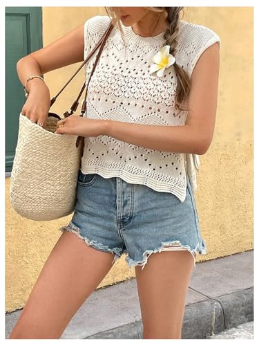 WDIRARA Women's Crochet Sweater Vest Tie Side Crew Neck Sleeveless Knit Tank Top4