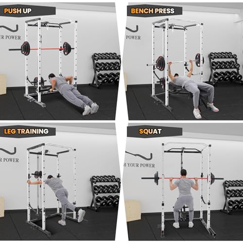 Power Cage with LAT Pulldown, Multi-Functional Power Rack with Cable Pulley System and J-Hooks, Squat Rack with Dip Bars and Landmine Attachment, Weight Cage for Home Gym Equipment