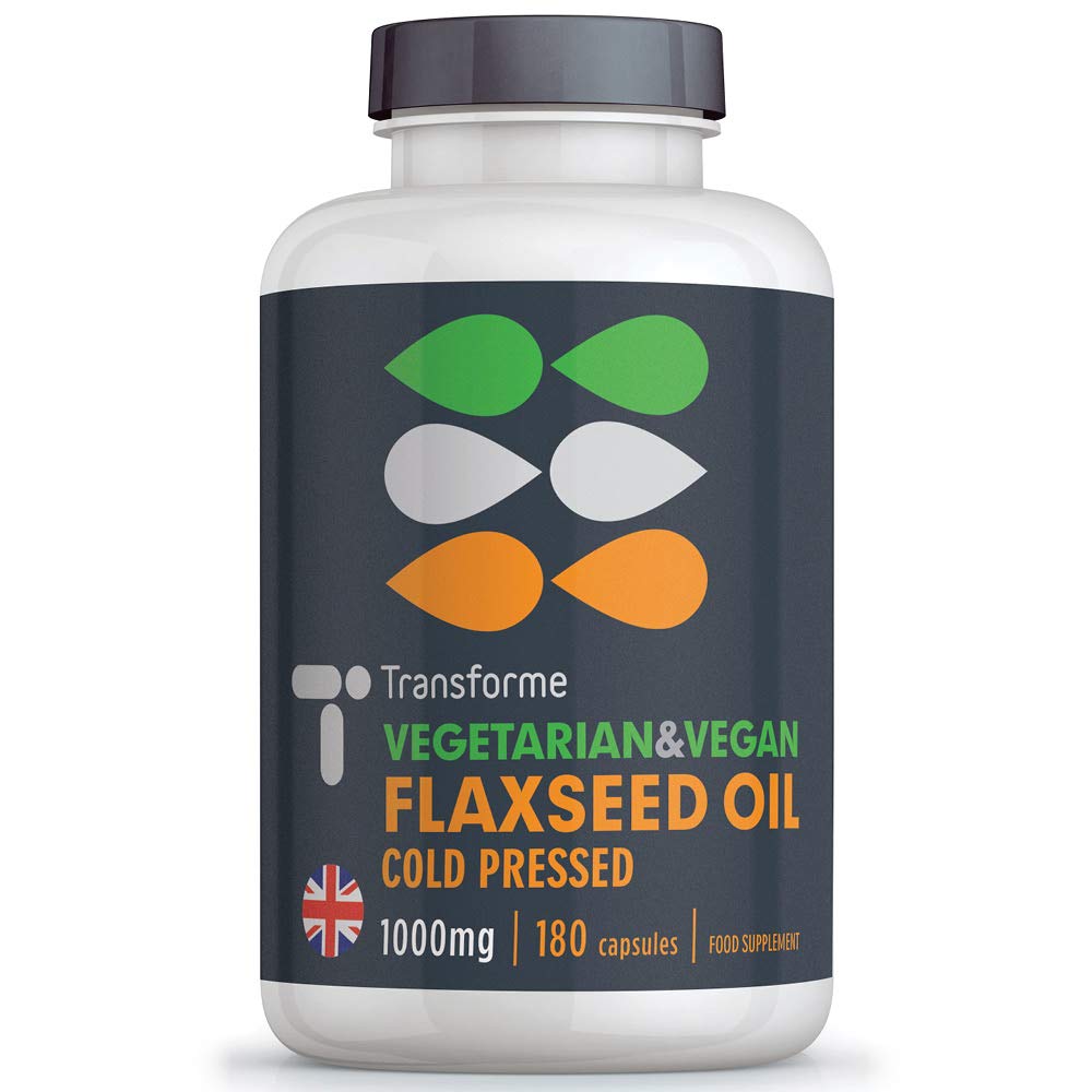 Flaxseed Oil Capsules Vegan Omega 3 6 9, 2000mg Serving, ALA, LA and Oleic Acid, 180 1000mg Softgels, Vegetarian Cold Pressed Flaxseed Oil, UK Made, by Transforme