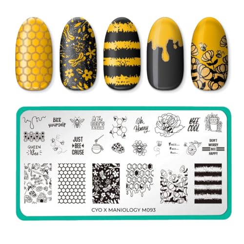 Maniology Bee Nail Stamping Plate | Sweet Honeybees, Honey Beehive Patterns — Trendy & Versatile Designs, Easy DIY Manicure, Rectangular Stainless Steel Nail Art Tool
