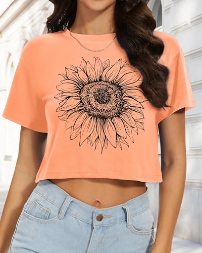 Image of Womens Summer Crop Tops Short Sleeve Round Neck T-Shirts Loose Fit Casual Blouse 2026