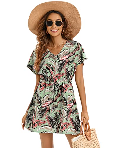 Bluetime Women Short Sleeve Hawaiian Print V Neck Bathing Suit Cover Up Swimwear Cover Ups Beach Swim Cover Dress (M, Floral9) - Image 2