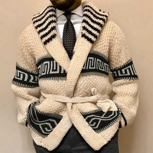 Mens Shawl Collar Cardigan Sweater Western Aztec Cable Knit Sweater Chunky Long Sleeve Winter Casual Belted Cardigans2