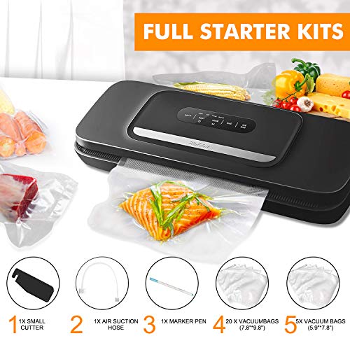 Vacuum Sealer Machine for Food- Automatic Food Sealer for Food Savers w/Starter Kit with 25 Pcs Vacuum Bags , Compact Design with Dry & Moist Food Modes and Led Indicator Lights , Free Your Hands and Easy to Clean(Black)