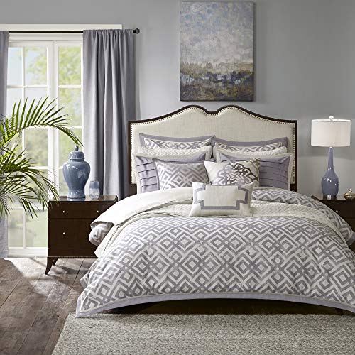 Madison Park Signature Stein King Size Bed Comforter Duvet 2-In-1 Set Bed In A Bag - Grey , Paisley – 9 Piece Bedding Sets – Cotton Bedroom Comforters