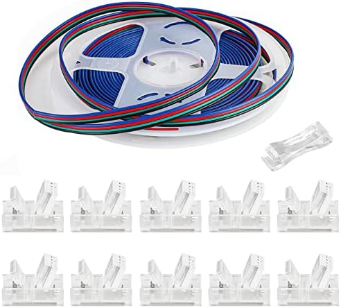 BZONE 10 Pack LED Strip Connector 4 Pin with 16.4FT Extension Cable for Waterproof and Non-Waterproof 10mm Width 5050 RGB LED Strip Lights, Strip to Wire Quick Connection, 22-20 AWG