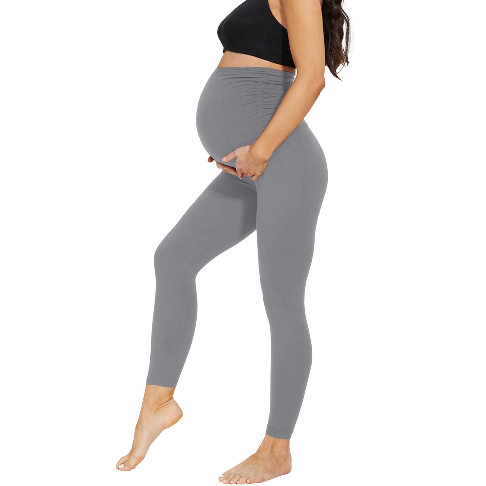 AMIYOYO Damskie legginsy ciążowe z wysokim stanem, nieprzezroczyste legginsy ciążowe, spodnie ciążowe, spodnie rekreacyjne, rozciągliwe, odzież ciążowa dla kobiet w ciąży, długie, jasnoszary, S