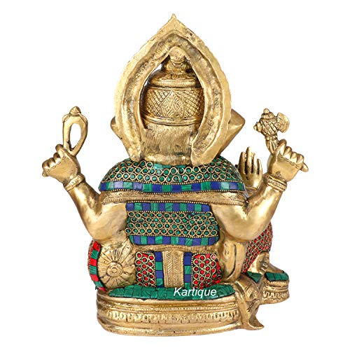 Image of Kartique Brass Ganesha Idol Sitting Stone Inlay Multicolor 13 Inch
