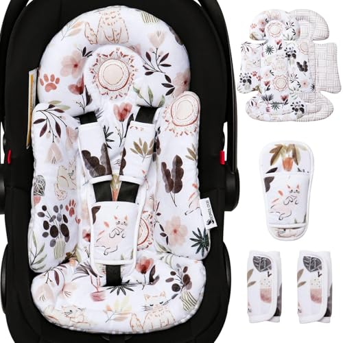 Image of BOMOLOUR Infant Car Seat Insert, Enlarged Head Support for Baby Carseat, Reversible Newborn Insert with 3 Strap Covers, 2-in-1 Baby Car Seat Cushion for Stroller, Swing, Bouncer, Rocker - Yellow Cat