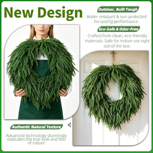 Image of 28 inch Norfolk Pine Christmas Wreath for Front Door - Large Artificial Greenery Wreath for Wall, Porch, or Indoor Outdoor Holiday Decor - Real Touch Pine Foliage (1, 28 inch)