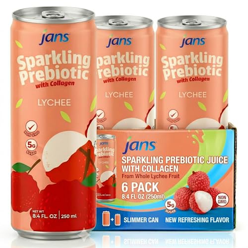 Image of Jans Sparkling Prebiotic with Collagen Soda Beverage - Lychee 8.4 Fl Oz (6-Pack) - Low Calorie, NO Added Sugar, Non-GMO Sparkling Fruit Beverage, Gut Health Support