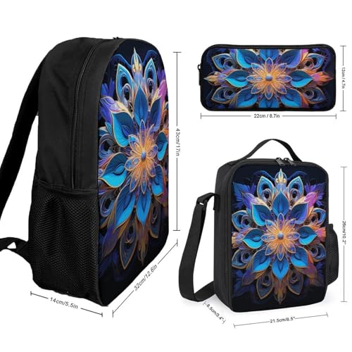 Rectangle Mandala Backpack Set Lightweight Bag Lunch Box Pencil Bags for Women Men Bookbags 3 in 12