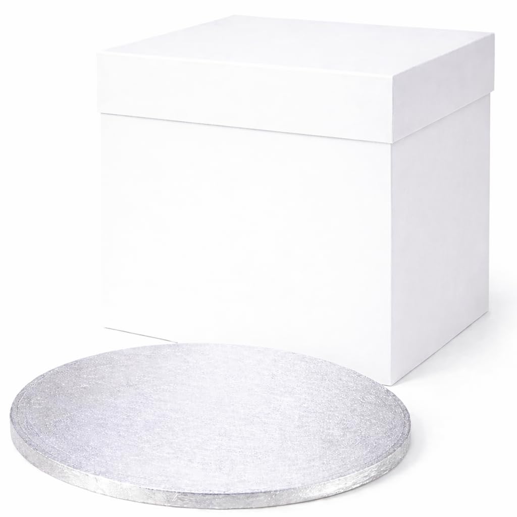FALGUN Premium 12" Thick Round Silver Cake-Board & Tall White Cake-Box Combo, Premium 12 x 12 x 12 Inch Square Box and Matching Circle Set For Tiered or Transport - 12 Inch Tall