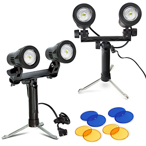 Julius Studio 2 Sets Portable Continuous Double Head LED Light, Table Top Mini Lighting Kit with Blue and Yellow Color Gel Filters, Photography Video Studio Set, JSAG374